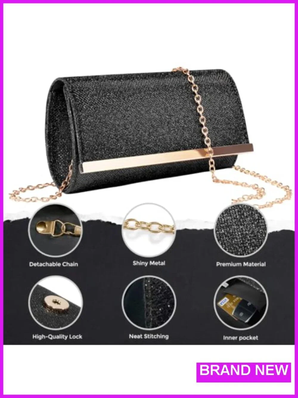 Black Sparkly Glitter Clutch Purse with Detachable Chain Strap